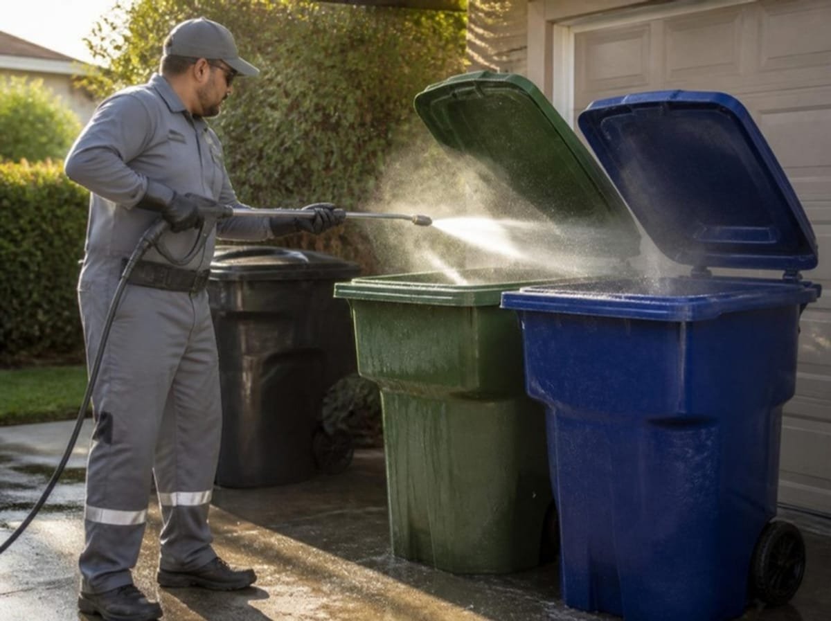 Residential trash bins being sanitized with hot water