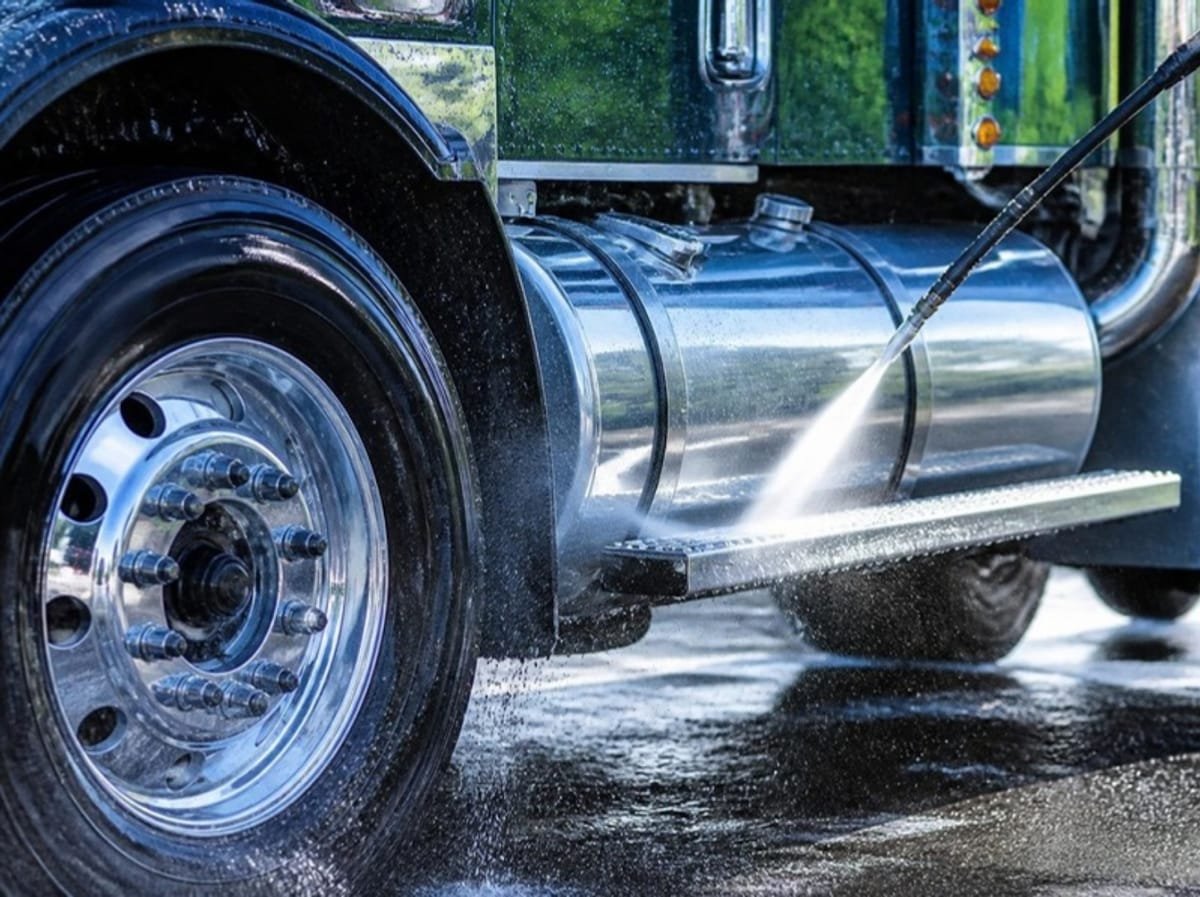 Pressure washing the chrome wheel of a semi truck