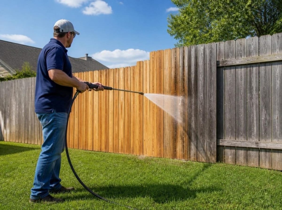 Technician pressure washing a wooden backyard fence