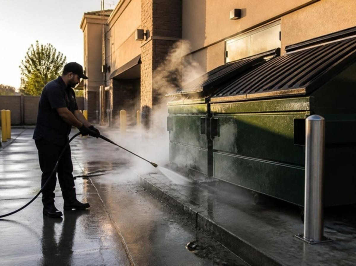 Technician pressure washing commercial dumpsters behind a restaurant