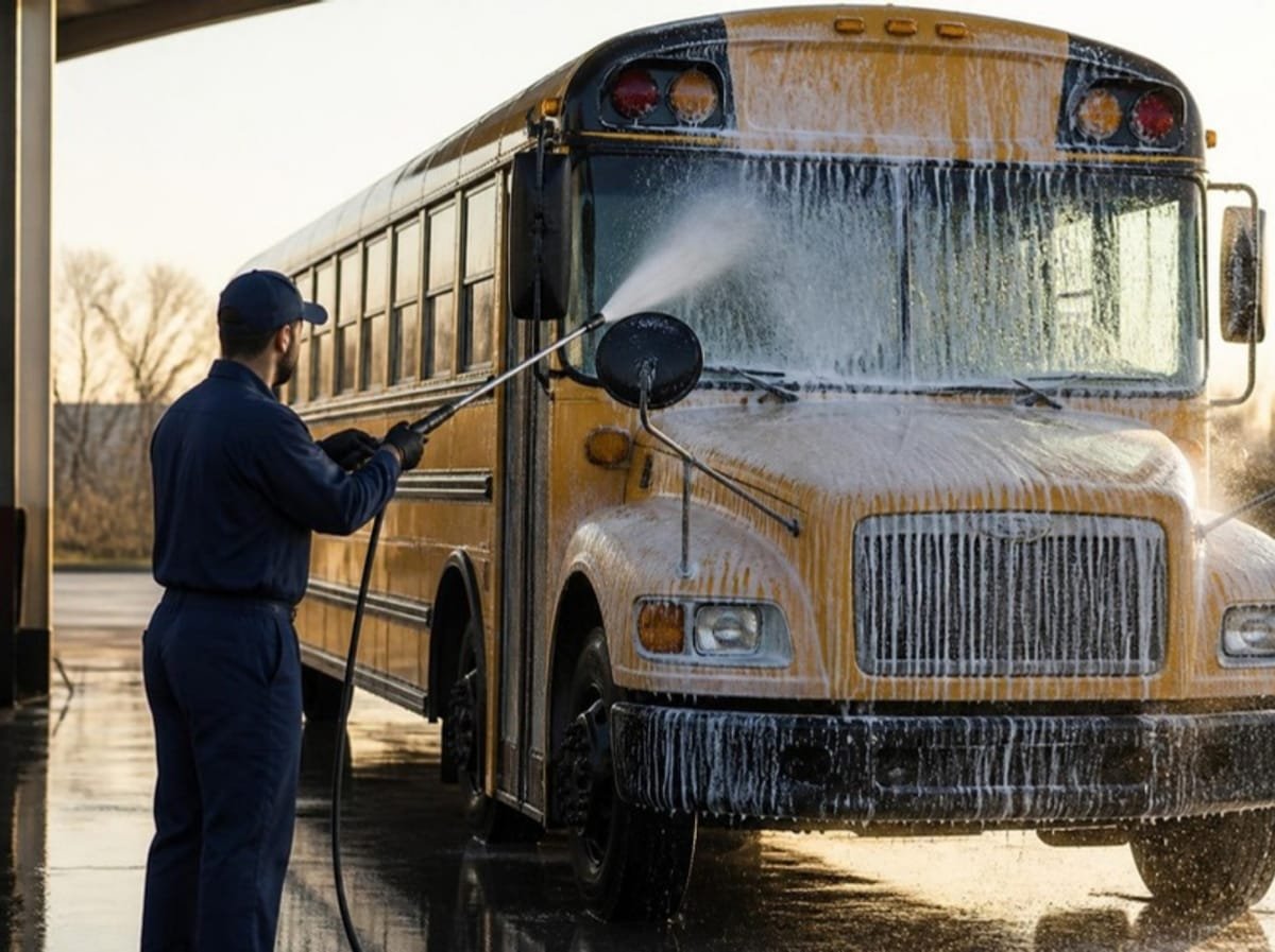 Yellow school bus covered in foam during a wash