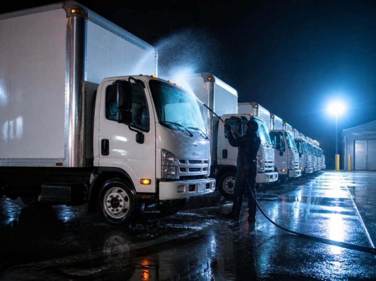 Row of box trucks being washed at night in a fleet yard