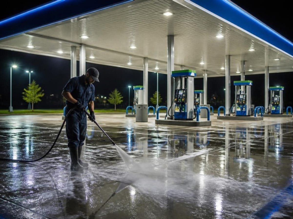 Technician pressure washing under a gas station canopy at night