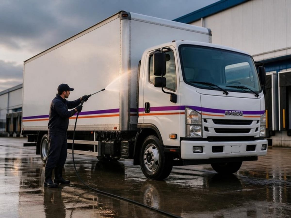 White parcel delivery truck being pressure washed at a hub