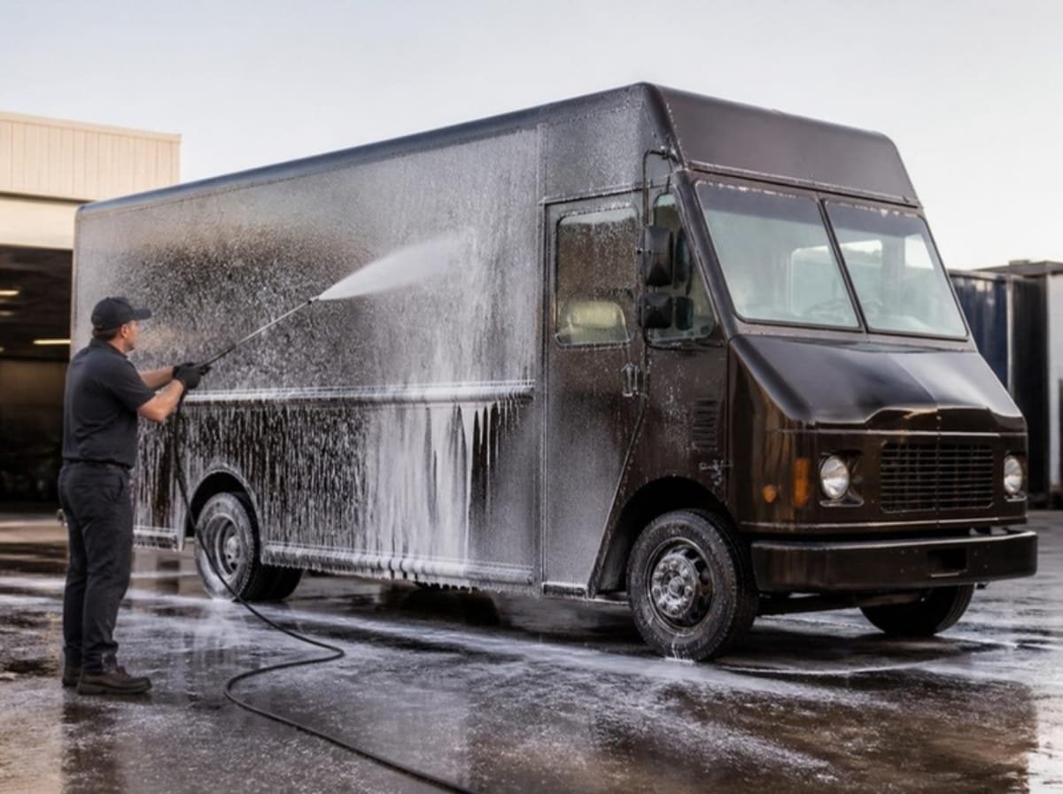 Brown package delivery truck covered in foam