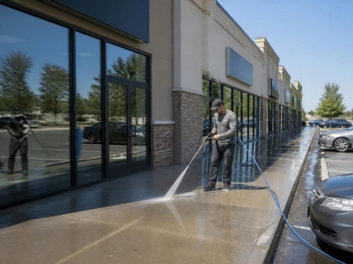 Technician pressure washing the sidewalk of a strip mall