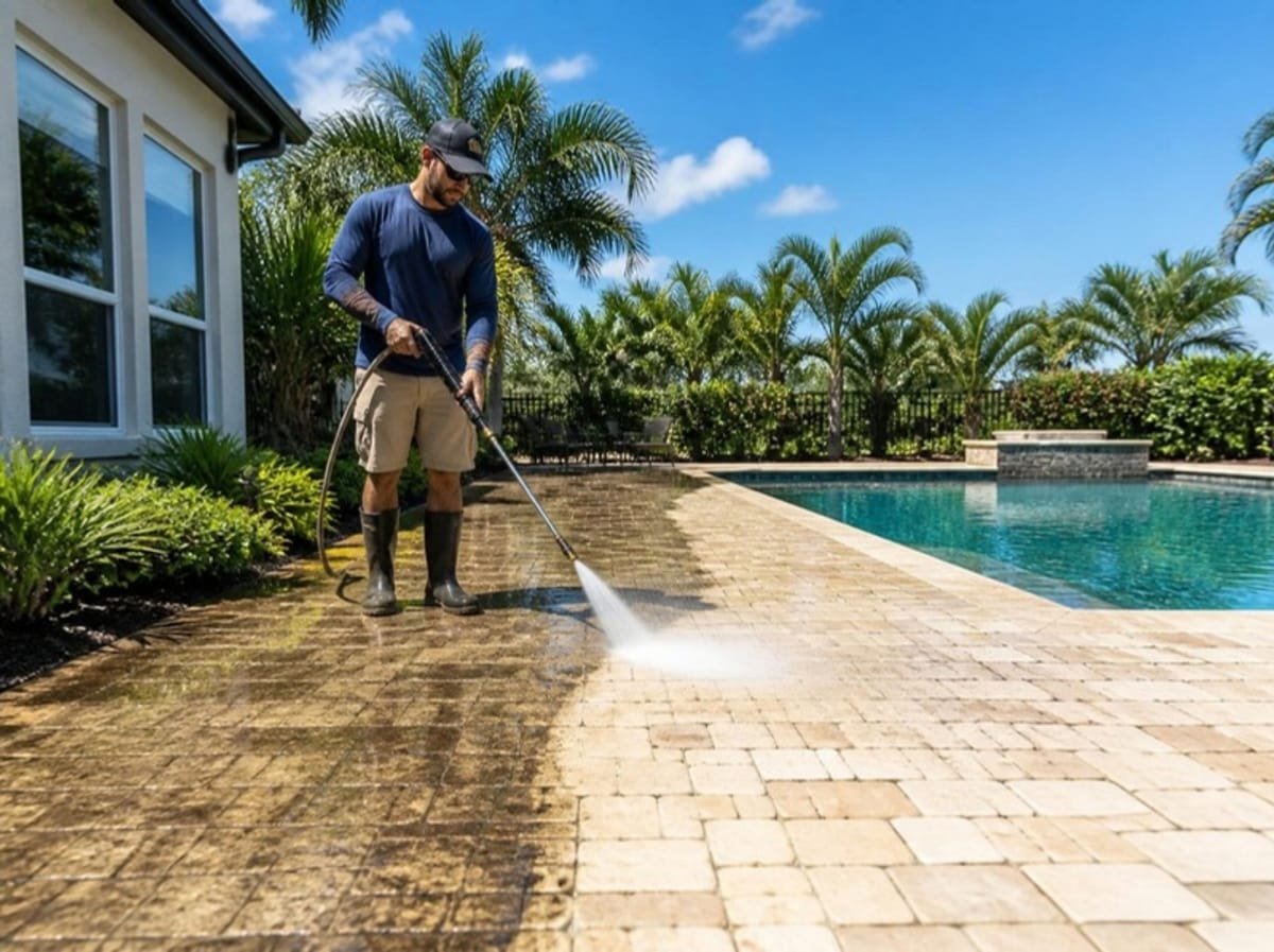 Technician pressure washing a stone patio by a pool