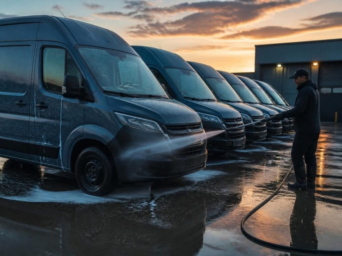 Row of delivery cargo vans being washed at a delivery station