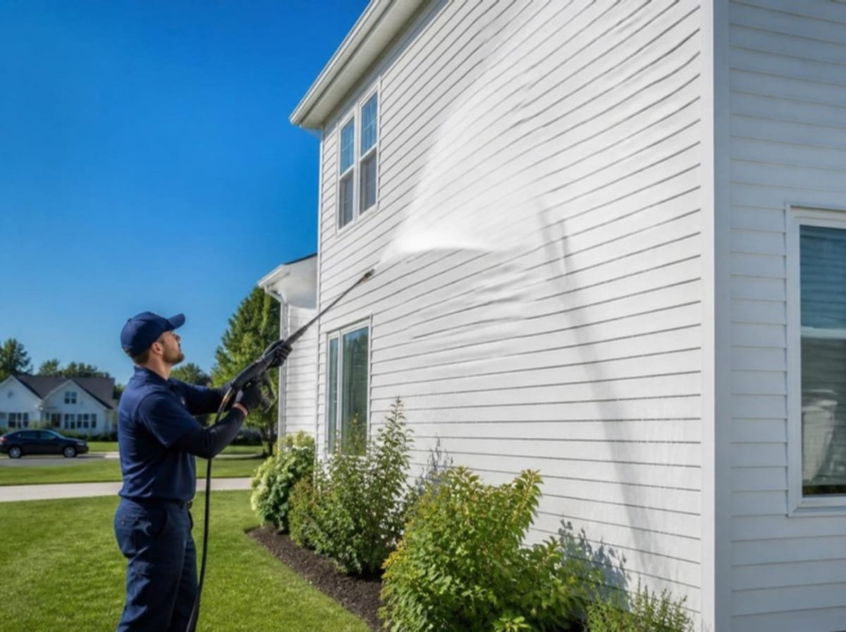 Technician soft washing the siding of a house