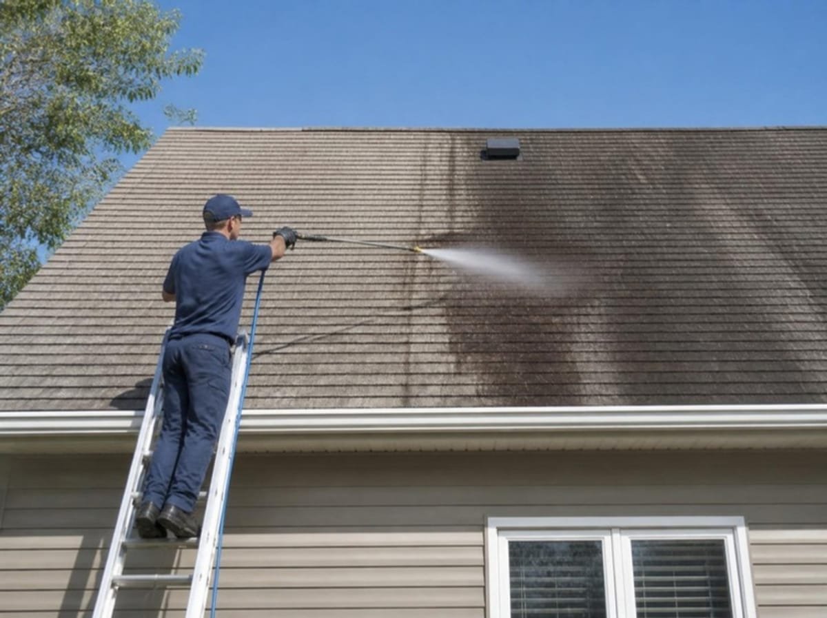 Technician soft washing algae streaks off a shingle roof